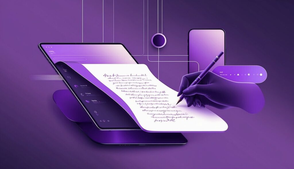 Een hand die schrijf op een vel papier dat van een tablet afglijdt.