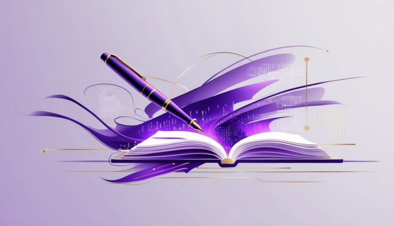 Illustratie van een pen zwevend boven een opengeslagen boek.