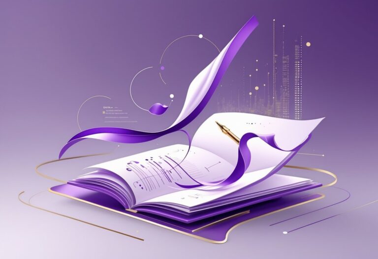 Illustratie van een vulpen zwevend boven een opengeslagen boek.