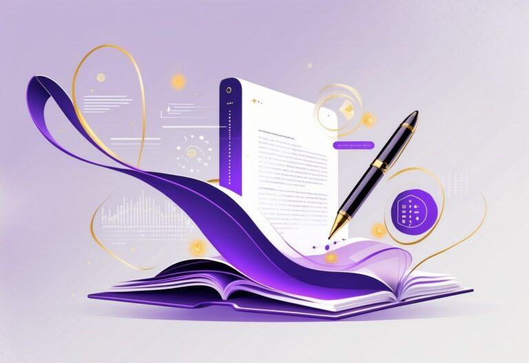 Illustratie van vulpen zwevend boven een opengeslagen schrift.