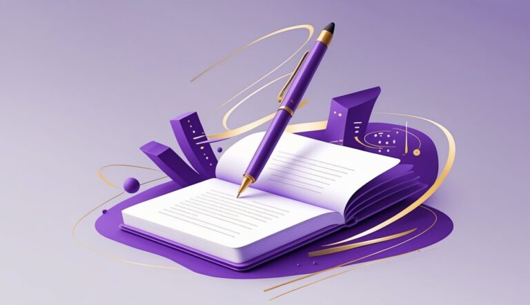 Illustratie van vulpen zwevend boven een opengeslagen boek.